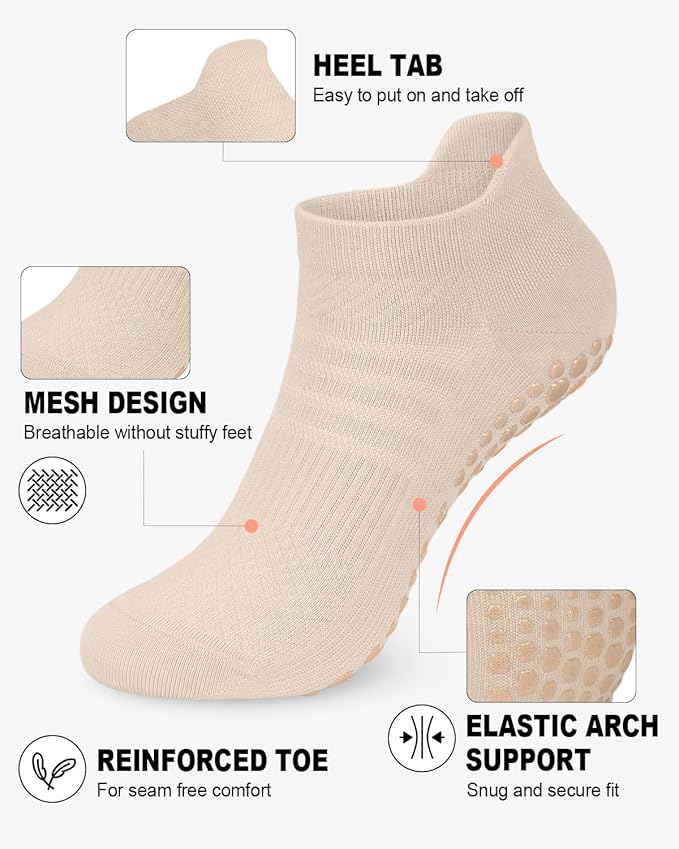 6 Pairs Grip Pilates Socks for Women, Non-slip Yoga Athletic Socks for Barre Ballet Barefoot Workout Hospital