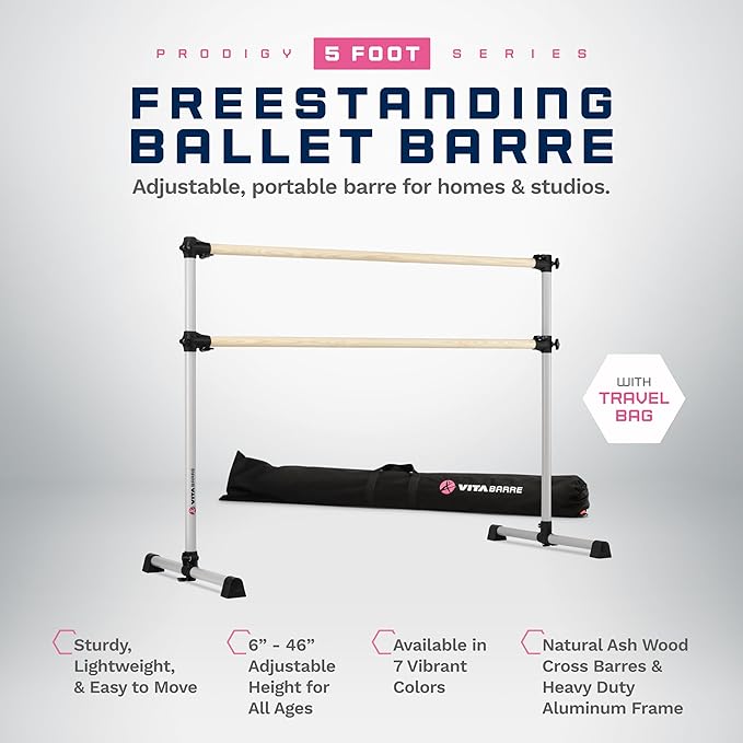 VITA Barre Portable Freestanding Double Ballet Barre, Prodigy, with Carry Bag | Adjustable Height, USA Made, Home or Gym Exercise Equipment for Kids & Adults | Dance, Fitness, Pilates