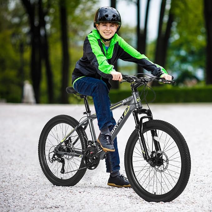 24/26 Inch Mountain Bike, 21 Speed Mountain Bicycle with High Carbon Steel Frame, Dual Disc Brakes and Front Suspension, MTB Bike for Adult Teenagers Boys Girls