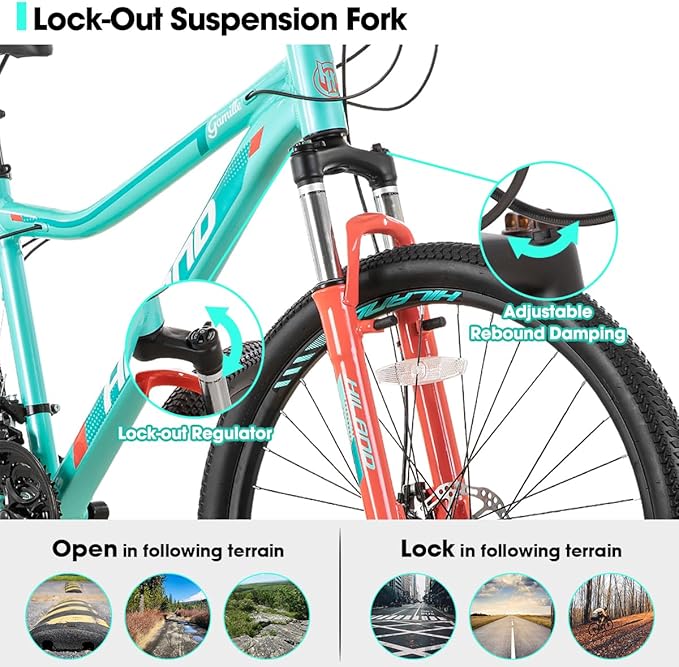 HILAND 20 26 27.5 Inch Mountain Bike for Women Girl, 7/21 Speed with Lock-Out Suspension Fork, Aluminum Frame MTB, Adult Ladies Womens Bike Mens Bicycle