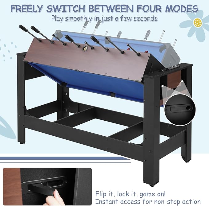54” 4-in-1 Swivel Multi-Game Table - Combo Game Table Set for Kids, Adults - Indoor and Outdoor Arcade Sports Table - Air Hockey, Billiards, Foosball, Ping Pong for Home, Game Room