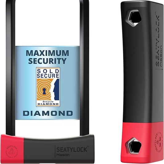 Seatylock Mason Bike U Lock - Patented Heavy Duty Anti Theft Diamond Secure ULock - Ultra Security Bicycle Safety Tool with Keys for City Electric or Mountain Bikes and Scooters