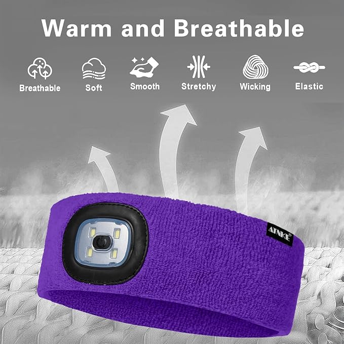 ATNKE 4 LED Lighted Sport Sweatband,USB Rechargeable Running Head Band Lamp High Stretch Wicking Gifts for Men and Women