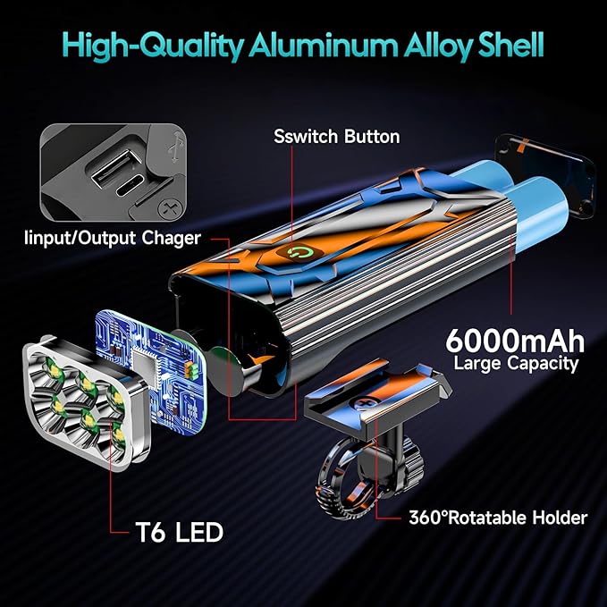 Upgrade Super Bright 6 LED Bike Light for Night Riding,3800 Lumens Aluminum Rechargeable Bicycle Light, 6000 mAh ，Runtime 48+hrs,10 Modes Waterproof Safety Bike Headlight Taillight for Outdoor Cycling
