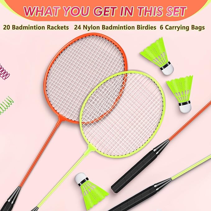 20 Pcs Badminton Rackets Set with 24 Shuttlecocks and 6 Carrying Bags, Sturdy Lightweight Badminton Rackets Racquet for Adults Beginners Indoor Outdoor Backyards