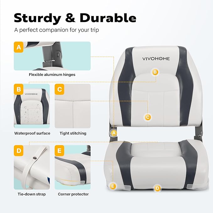 VIVOHOME Folding Low Back Boat Seats 2 Pack, Waterproof Boat Captain Chairs, 4 Mounting Screws Included, White and Gray