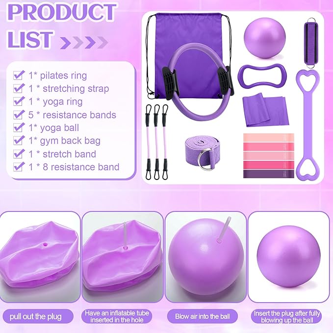 Set of 18 Pilates Ring Essential Kit for Women Pilates Ring and Ball Ankle Resistance Band Yoga Strap Socks Mat Arm Stretcher Latex Tube Gym Back Bag Exercise Equipment for Workout