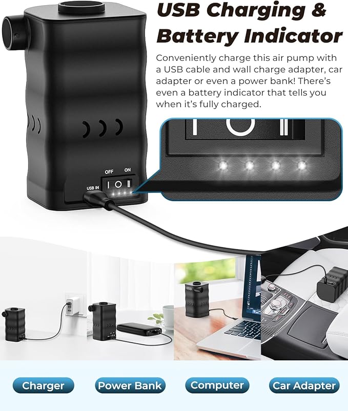 Dr.meter Air Mattress Pump, Rechargeable 6000mAh Portable Air Pump, Quick-Fill Electric Air Inflator Deflator for Outdoor Camping Inflatable Bed Pool Boat Float Raft Swimming Rings Vacuum Bag