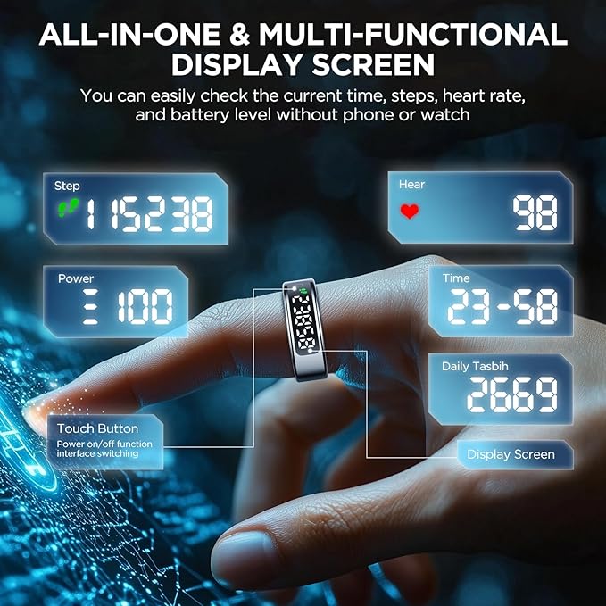 Smart Rings for Men with Display Screen, Fitness Ring with Wireless Charging, Sleep Tracker Ring with Heart Rate, Health Rings for Activity Monitoring/Steps/Calories, for iOS Android (Black,12#)