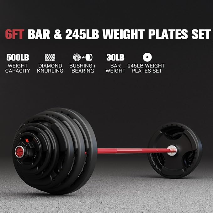 RitFit Barbell Weight Set - 4/6FT Olympic Barbell with Weight Plates (55-275LB Total) - Weightlifting Equipment for Squats, Curls, Deadlifts, Presses, Hip Thrusts