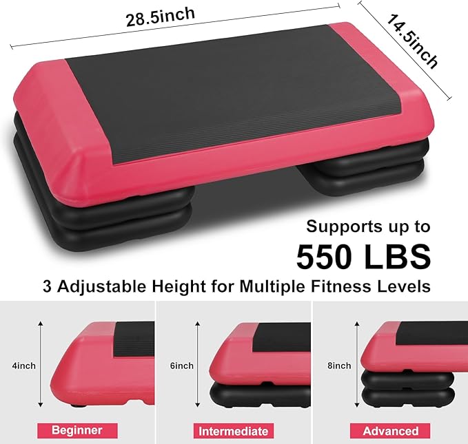 Exercise Workout Aerobic Step Platform Trainer, 28.5" Aerobic Stepper with 4"-6"-8" Adjustable Height Risers