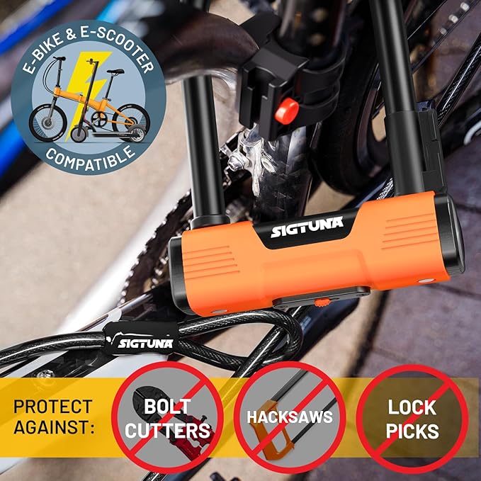 Bike U Lock - Sigtuna Bike Lock Cut Resistant, Heavy Duty Anti-Theft with 4ft/1.2m Cable, Bicycle Lock Made in Cut-Resistant Special Steel with Sturdy Mounting Bracket for Bikes, Ebikes, Scooters.