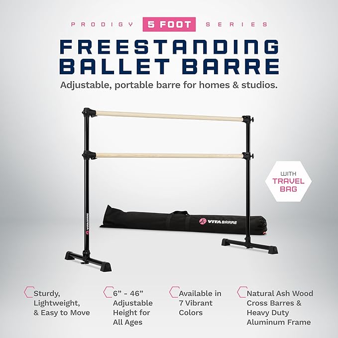 VITA Barre Portable Freestanding Double Ballet Barre, Prodigy, with Carry Bag | Adjustable Height, USA Made, Home or Gym Exercise Equipment for Kids & Adults | Dance, Fitness, Pilates
