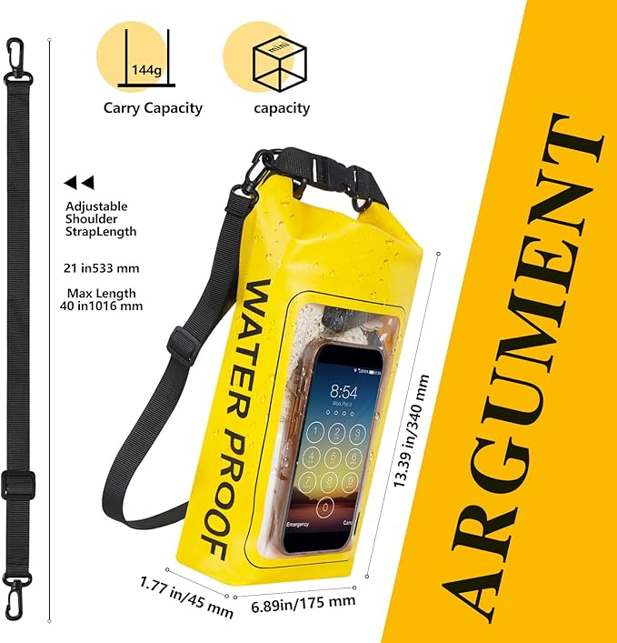 IP68 Waterproof Dry Bag, 2L - Roll Top Waterproof Pool Bag，Dry Bags for Kayaking Waterproof-w/Phone Pouch,Large Waterproof Phone Pouch,Boating & Kayak Accessories Camping (Yellow)