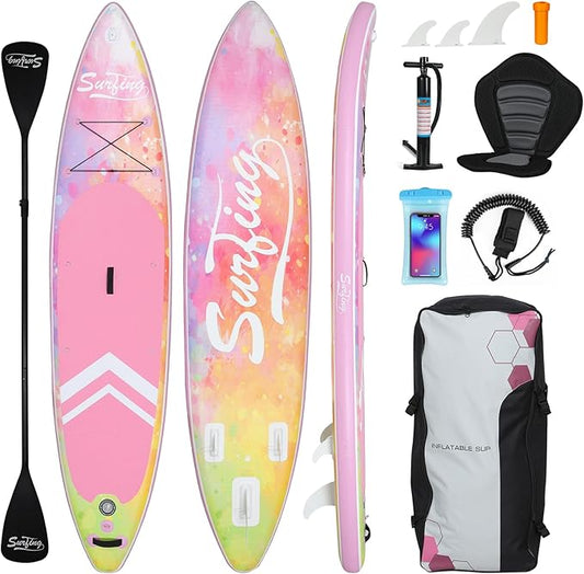 YUSING Inflatable Stand Up Paddle Board with Kayak Seat, Non-Slip Deck SUP Paddle Board with Premium Kayak, Portable Standing Boat for Youth & Adult