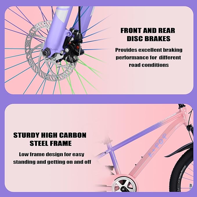 20/24 Inch Mountain Bike for Kids, Girls Boys Bikes Ages 8-12, Single Speed Mountain Bicycle with Suspension Fork, 20/24 Inch Bike Boys Girls Bicycles with Front and Rear Disc Brakes