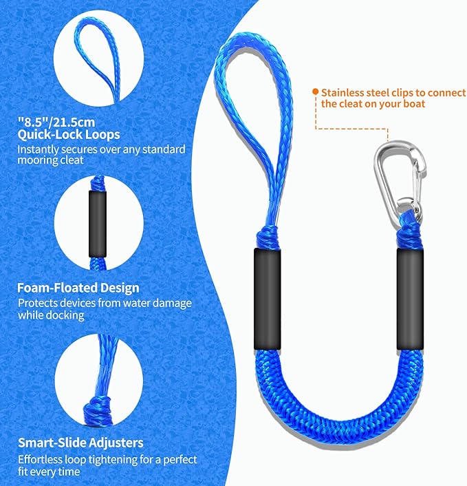 Bungee Dock Lines for Boats, 2 Feet, Pack of 2 (Blue)