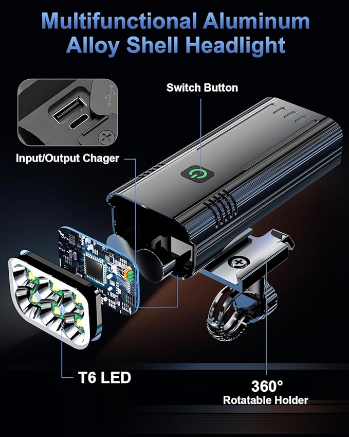 Upgrade Super Bright 6 LED Bike Light for Night Riding,3800 Lumens Aluminum Rechargeable Bicycle Light, 6000 mAh ，Runtime 48+hrs,10 Modes Waterproof Safety Bike Headlight Taillight for Outdoor Cycling