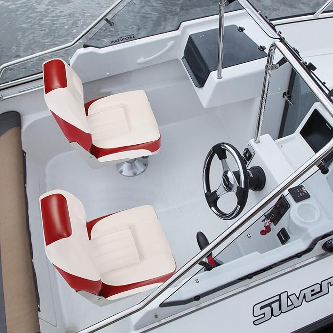 PEXMOR Boat Seats Low/High Back, Folding Boat Seat Included, Fold-Down Fishing Boat Seats Waterproof Captain Boat Seat w/Aluminum Hinges & Thick Soft Cushion, 2 Packs (Low Back-Red & White)