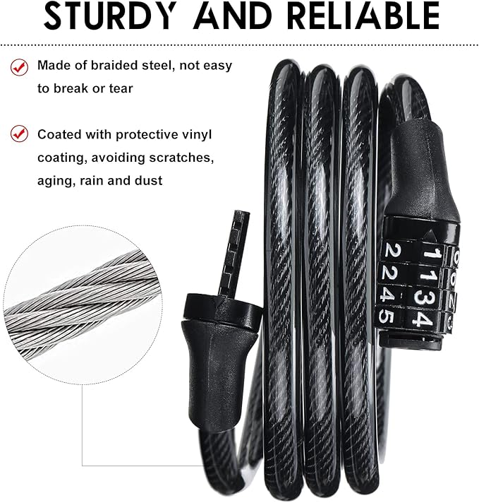 10 Pcs Bike Lock Cable with Combination, 4 Feet Coiled Preset Bike Lock High Security 4 Digit Bicycle Lock Anti Theft Bike Accessories Black Bike Cable Locks, 5/6 Inch Diameter