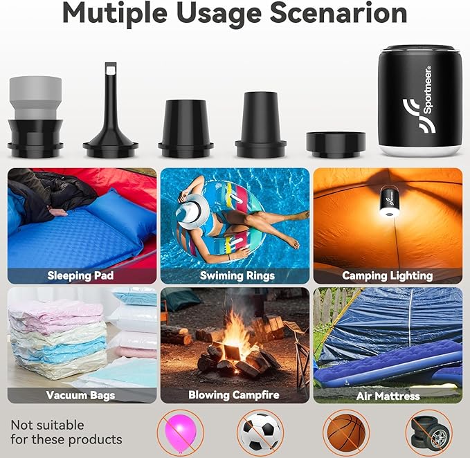 Sportneer Mini Air Pump: 1600mAh Rechargeable Air Pump for Inflatables with Hook, Magnetic and Light Function, Air Mattress Pump for Pool Floats, Sleeping Pads, Swimming Ring, Vacuum Storage Bags