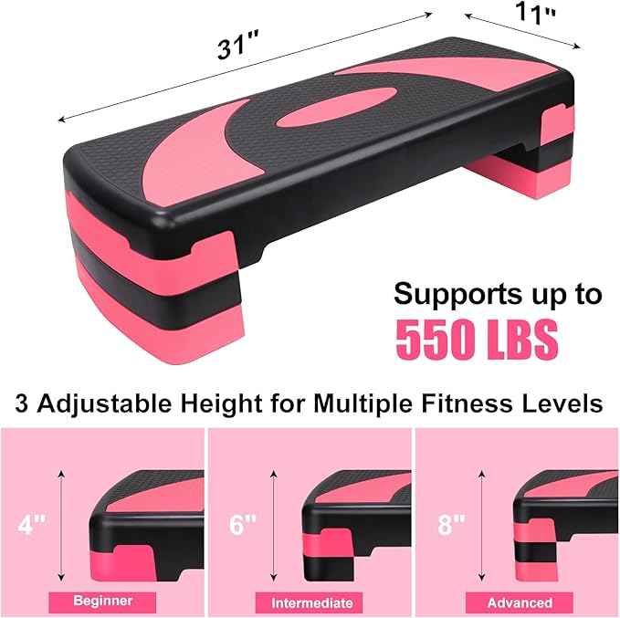 Exercise Workout Aerobic Step Platform Trainer, 31" Aerobic Stepper with 4"-6"-8" Adjustable Height Risers