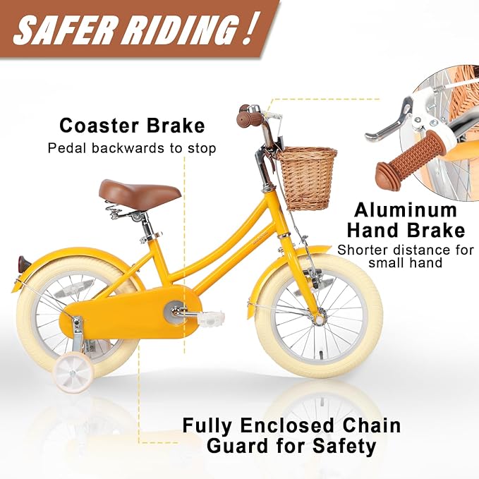 Glerc Little Molly 12-20 Inch Kids Retro Cruiser Bike for 2-13 Year Old with Wicker Basket & Training Wheels/Kickstand, Multiple Colors