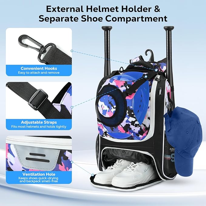 MoKo Baseball Bag, Softball Bag with External Helmet Holder & Fence Hook for T-Ball Bat Softball Equipment, Lightweight & Breathable Baseball Backpack with Shoe Compartment for Youth & Adult, Black
