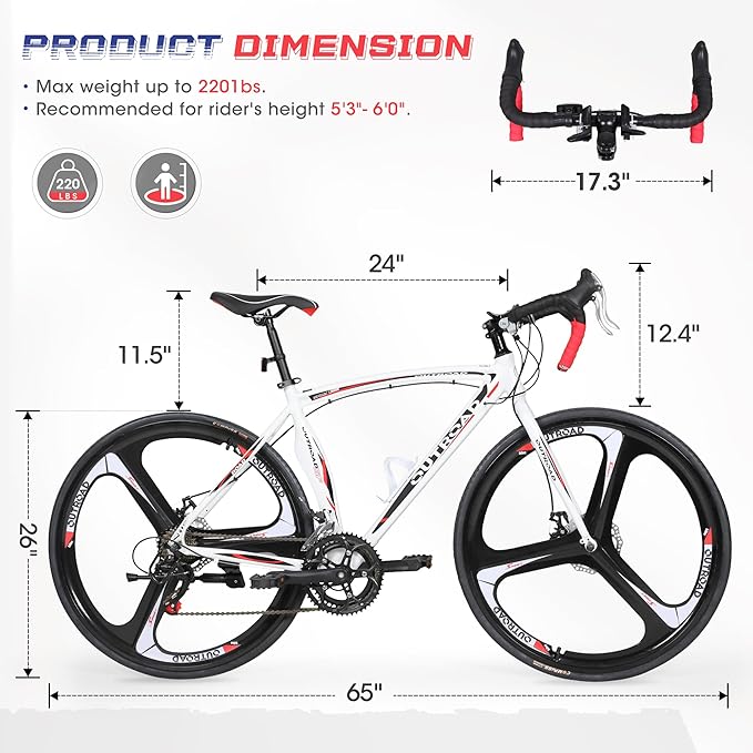 Road Bike 14-21Speed 700C Wheel with Light Aluminum Alloy Frame Commuter Bicycle with Dual Disc/V Brakes for Women and Men Black,White,Blue,Red