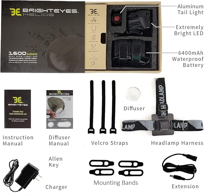 BRIGHT EYES Helios Fully Waterproof 1600 Lumen Rechargeable Mountain, Road Bike, MX Headlight, 6400mAh External Battery (Now 4+ Hours on Bright Beam) - Included: Free Diffuser Lens and Free Taillight