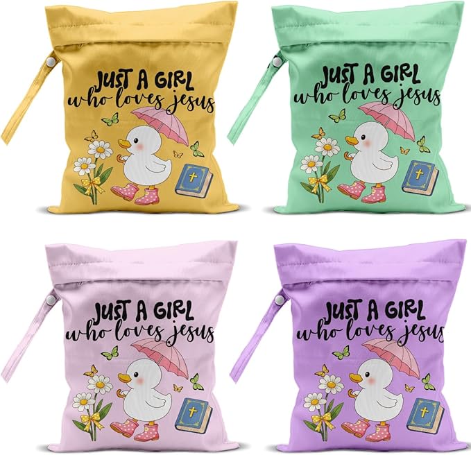 4 Pack Cute Wet Bag Waterproof Washable Reusable Wet Dry Bag for Swimsuit Clothes Cloth Diaper Travel Beach Pool Yoga Gym Toiletries Travel Beach Essentials, Bow Animal Goose Decor Lovers Gift