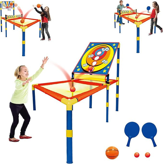 3 in 1 Trampoline Ping Pong Table Tennis Basketball Ball Score Games for Kids, Includes 2 Paddles, 2 Balls and Inflatable Basketball, for Indoor or Outdoor Use