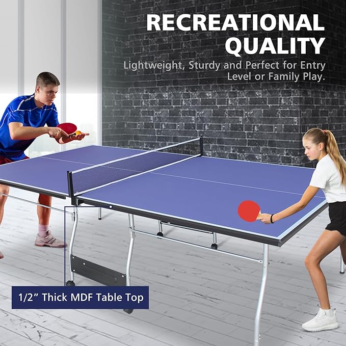 Rakon Blue Folding Rolling 8×4 FT Table Tennis Table Indoor and Outdoor Table Tennis Table, 2 Rackets, 3 Balls, 1 Net and 4 Wheels Set Behind It for Easy Movement