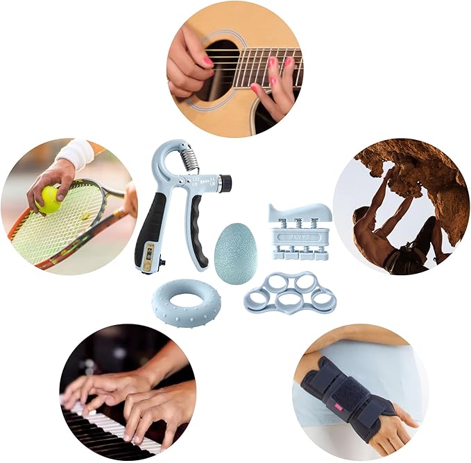 FLYFE Grip Strength Trainer Kit (5 Pack), Forearm Strengthener, Hand Squeezer Adjustable Resistance, Finger Stretcher, Grip Ring, Relief Ball and Finger Exerciser for Men and Women, Injury Recovery