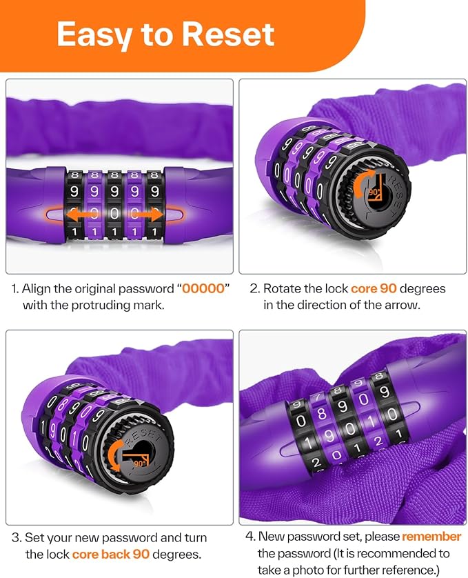 Sportneer Bike Lock: 5 Digit Combination High Security Anti Theft Bike Chain Lock - 3.2/3.6/4ft Heavy Duty Keyless Bicycle Lock for Bike, Motorcycle, Scooter, Door & Gate - 4/6mm Thick, Easy to Use
