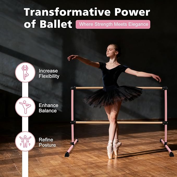 4FT/6FT Freestanding Ballet Barre Wood/Steel Height Adjustable from 7 to 46 inch Ballet Bar Portable Double Dance Bar for Home Workout and Stretch
