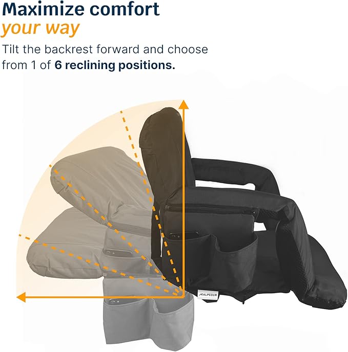 Alpcour Reclining Stadium Seat – Wide Bleacher Chair with Back Support and Cushion, Armrests, Side Pockets, and Bleachers Hook – Best Stadium Seats Chairs for Camping, Kayak, & Paddle Board Backs