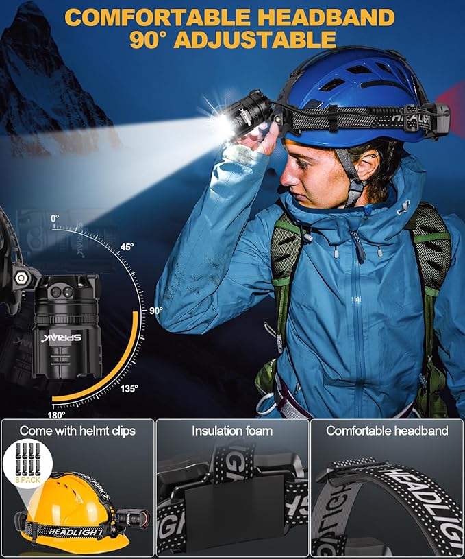 High Lumens LED Headlamp& 100H Using Time, USB Rechargeable Head lamp, 90° Adjustable Widebeam Motion Sensor Head Light with 5 Modes,Zoomable for Camping Running Hiking Hard Hat Headlamps 2pc