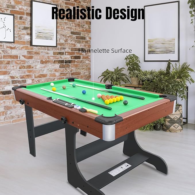 60-Inch Compact Folding Pool Table - No Assembly Required with Full Set of Balls, 2 Cues, Chal k and Brush for Indoor Family Games