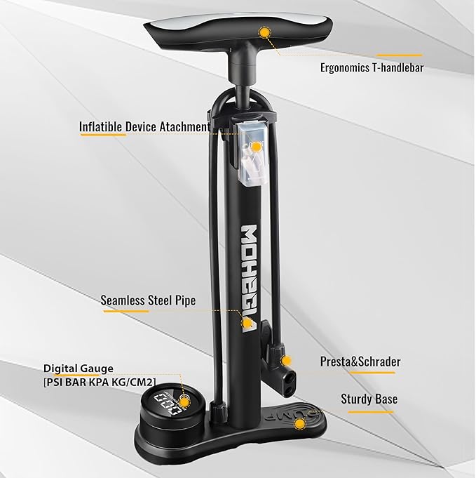 MOHEGIA Bike Floor Pump with Gauge: Air Bicycle Pump with High Pressure 160 PSI,Fits Schrader and Presta Valve -Inflator with Ball Pump Needles for MTB Road Bike, Ball, Balloon, Inflatables