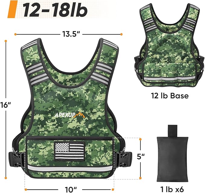 APEXUP Adjustable Weighted Vest, 4-10lb/12-18lb/20-32lb Vest with 6 Ironsand Weights and Large Pocket, Weight Vest for Men Women Strength Training, Running, Walking