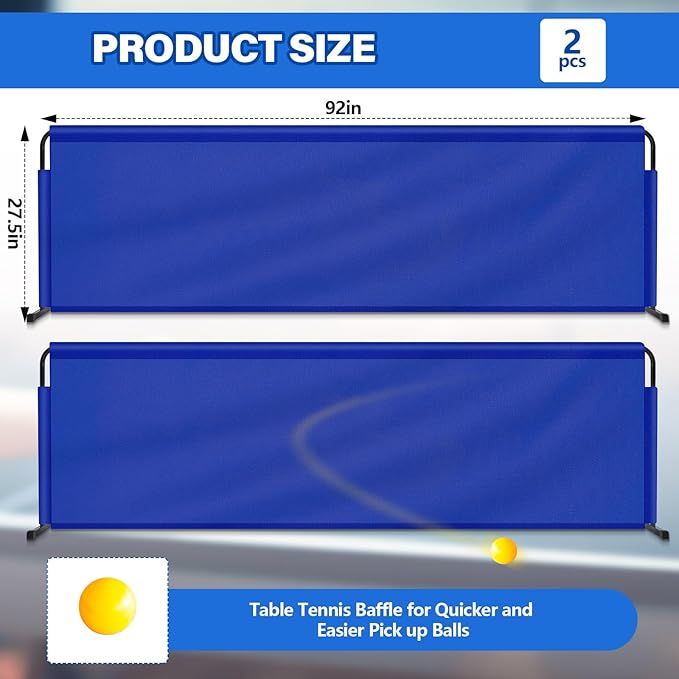 2 Pcs 92" x 27.5" Table Tennis Baffle Barrier Table Tennis Field Fence 420d Oxford Cloth Court Surround Barrier Block for Quicker and Easier Pick Up, Blue