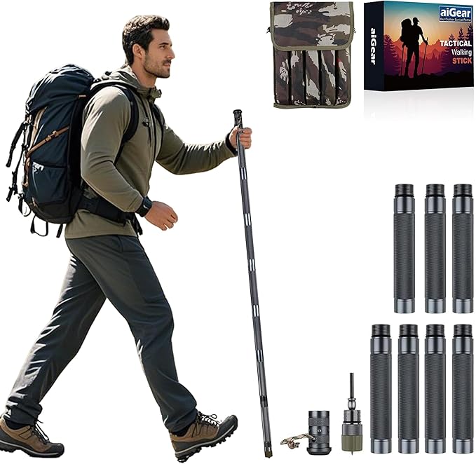 aiGear Survive Walking Hiking Stick - Outdoor Survival Hiking Staff Multitool Gear Adjustable Trekking Poles for Survival Camping Hiking