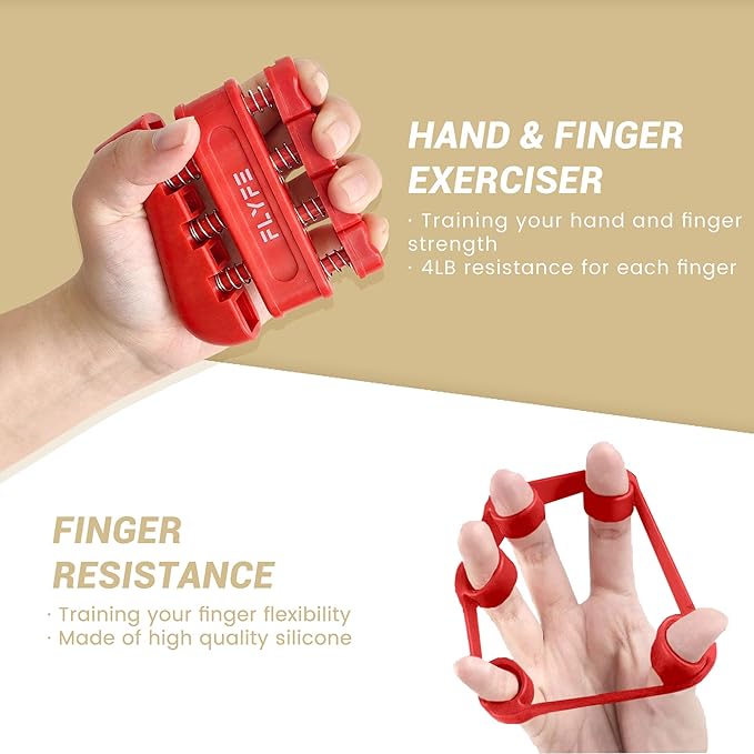 FLYFE Grip Strength Trainer Kit (5 Pack), Forearm Strengthener, Hand Squeezer Adjustable Resistance, Finger Stretcher, Grip Ring, Relief Ball and Finger Exerciser for Men and Women, Injury Recovery