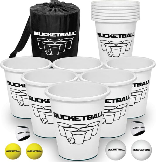 BucketBall | Team Color Edition | Combo Pack (White/White): Original Yard Pong Game: Best Camping, Beach, Lawn, Outdoor, Family, Adult, Tailgate, Jumbo, Giant Game
