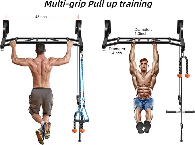 SELEWARE 48'' Heavy Duty Pull Up Bar Wall Mount Multi-function Chin up Bar with Home Gym Cable Pulley System LAT Pulldown Workout Attachments Heavy Bag Hanger