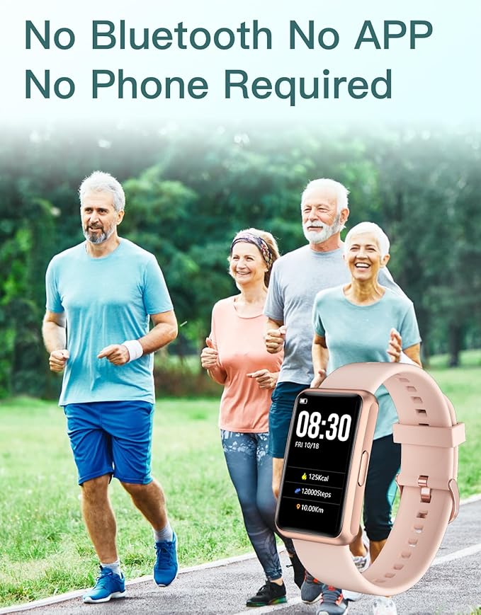 HUAKUA Fitness Tracker No Bluetooth No APP No Phone Needed, Fitness Watch for Men Women Parents IP68 Waterproof with Full Touch Screen Steps Calories Counter Sleep Tracker Alarm Clocks (Pink)