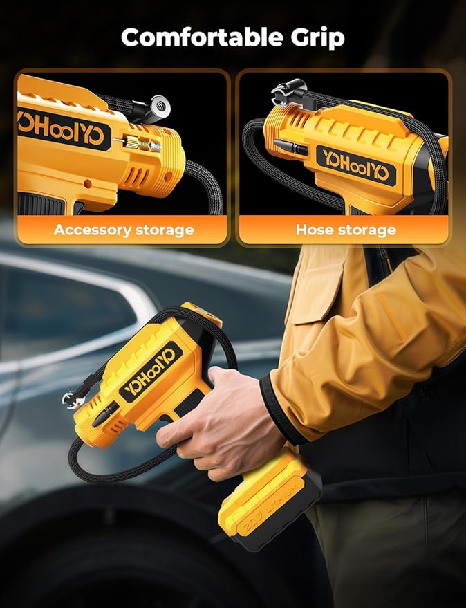 YOHOOLYO Tire Inflator Portable Air Compressor for Cars, 20V Cordless Rechargeable Battery Powered Electric Car Tire Air Pump Digital Pressure Gauge 12V DC Adaptor LED Light Auto Stop, 150PSI Yellow