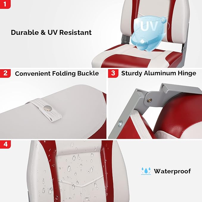 PEXMOR Boat Seats Low/High Back, Folding Boat Seat Included, Fold-Down Fishing Boat Seats Waterproof Captain Boat Seat w/Aluminum Hinges & Thick Soft Cushion, 2 Packs (High Back-Red & White)