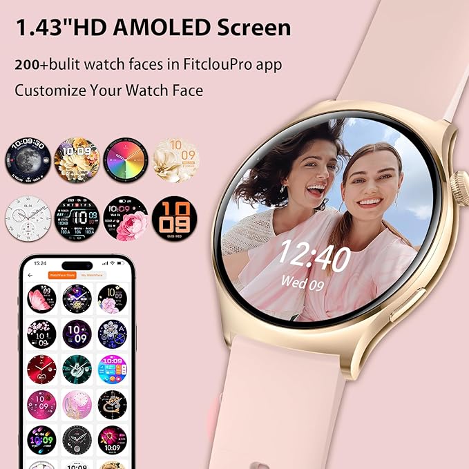 Smart Watch for Women Men,1.43" AMOLED Screen SmartWatches with Bluetooth Call ,Fitness Tracking with Heart Rate Sleep Monitor with 100+ Sport Modes ,Waterproof Fitness Watch for Android iPhone, Pink